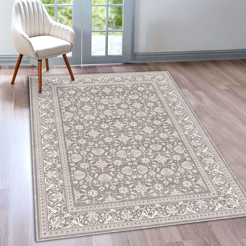 Soft Beige Pattern Area Rug with Delicate Border Design