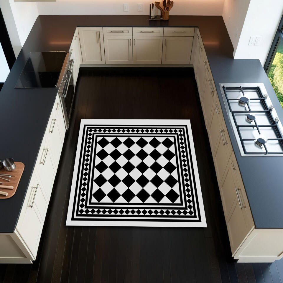 Kitchen Checkered Rug – Black and White Geometric Floor Mat