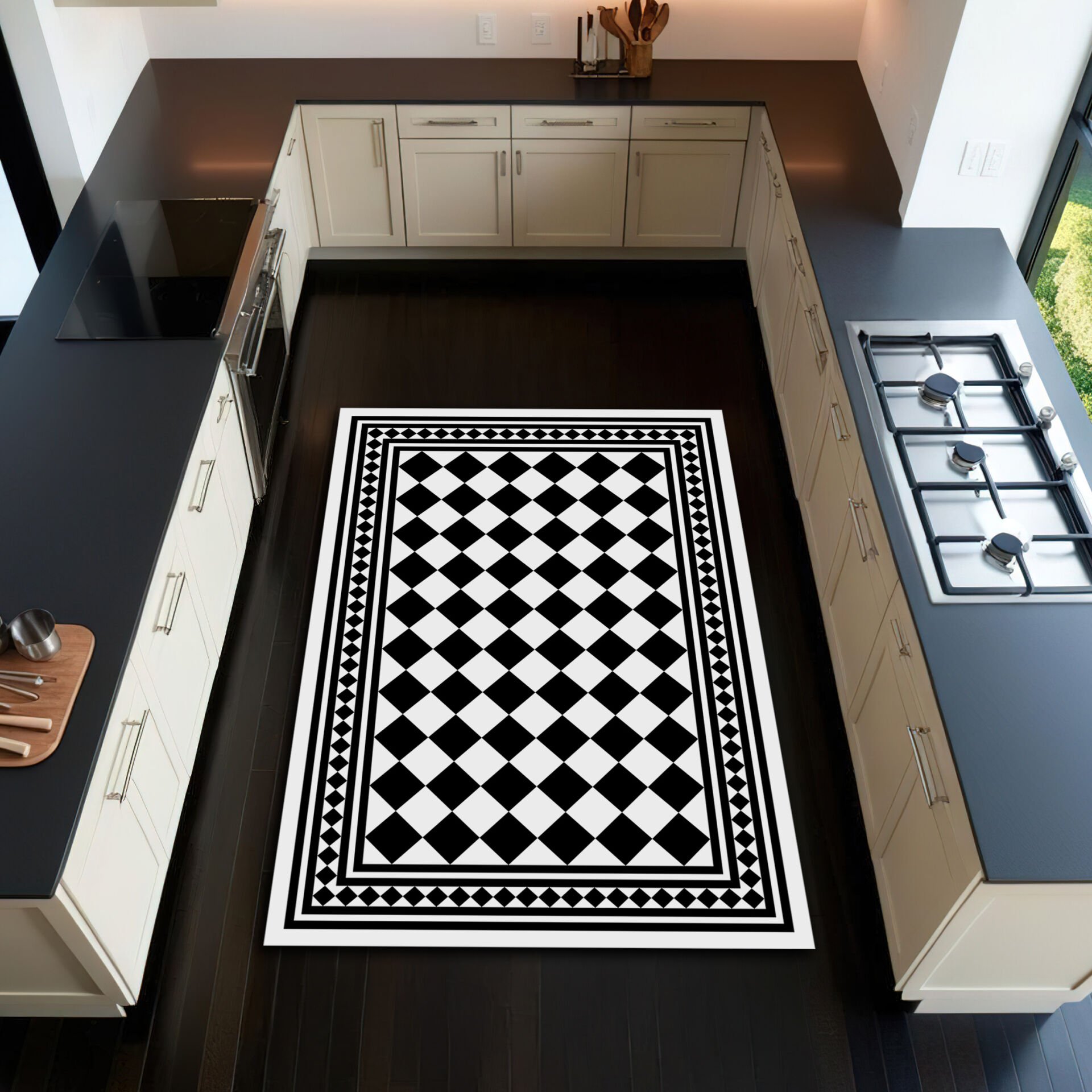 Kitchen Checkered Rug – Black and White Geometric Floor Mat