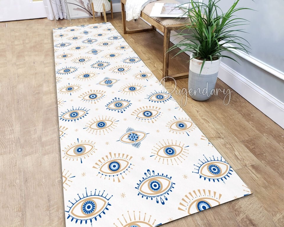 Evil Eye Pattern Kitchen Runner Rug – Anti-Slip Washable Hallway Carpet