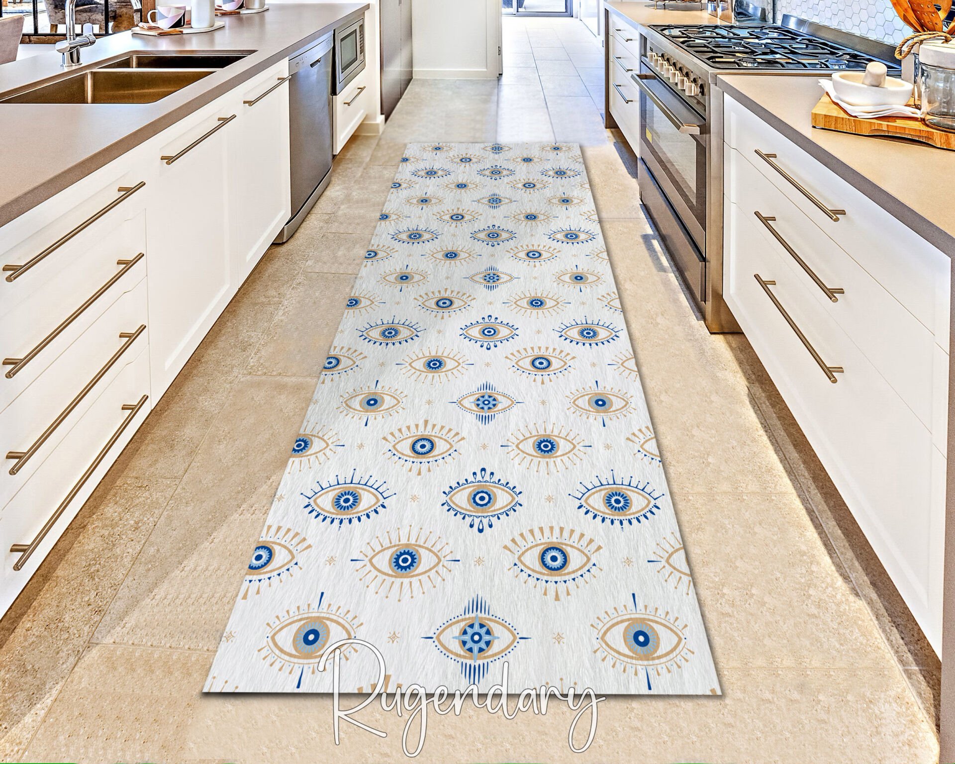 Evil Eye Pattern Kitchen Runner Rug – Anti-Slip Washable Hallway Carpet