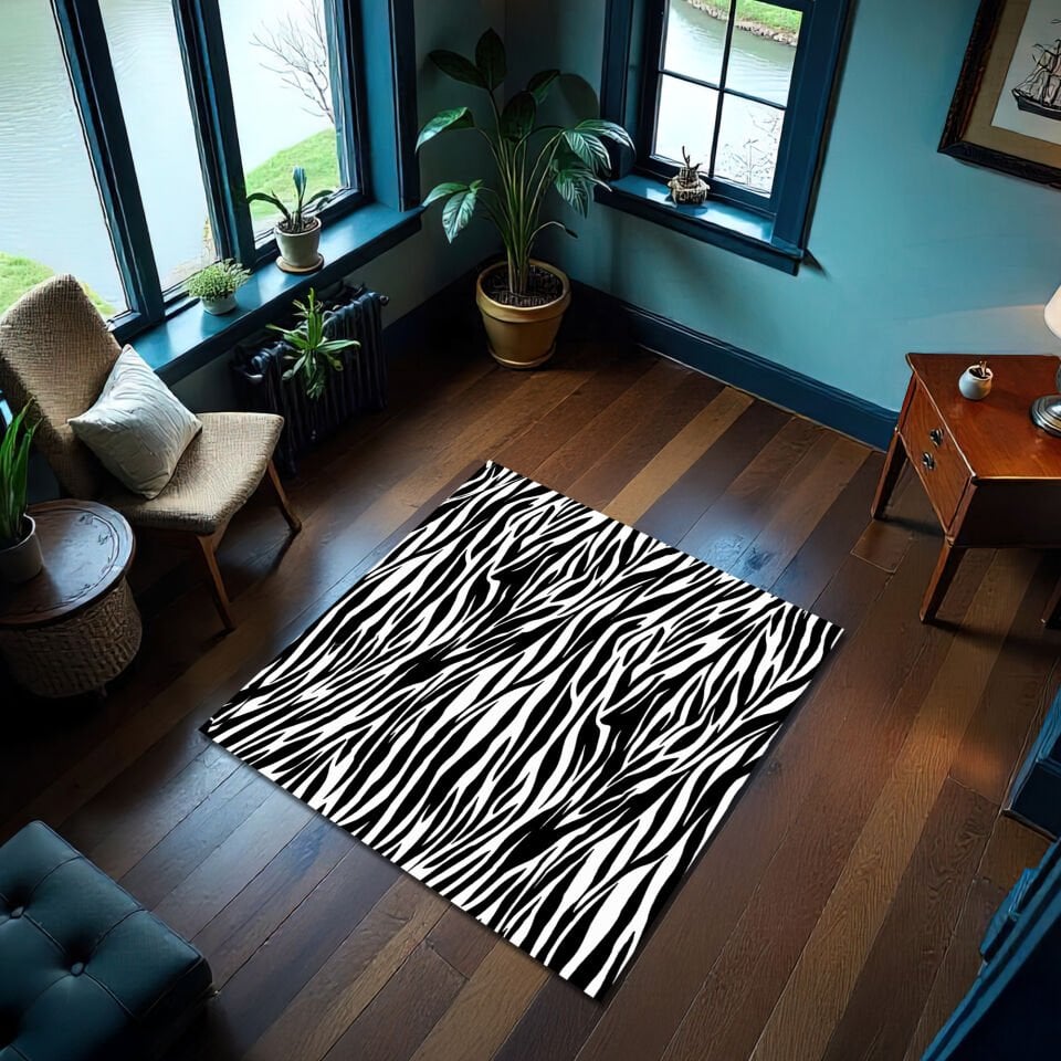 Zebra Print Rug – Bold Black and White Animal Pattern Carpet