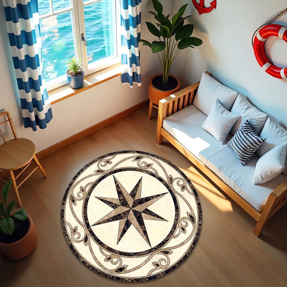 Elegant Compass Rose Round Rug – Marble-Inspired Classic Design
