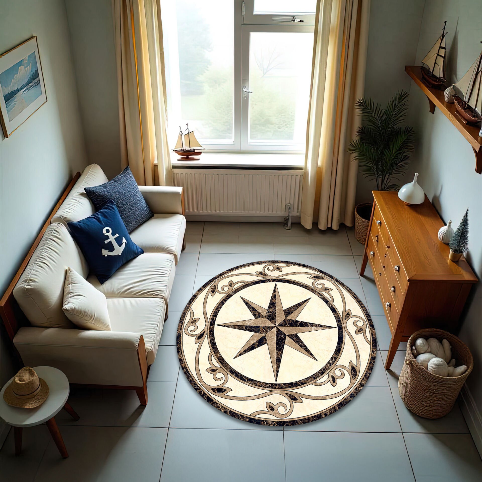 Elegant Compass Rose Round Rug – Marble-Inspired Classic Design