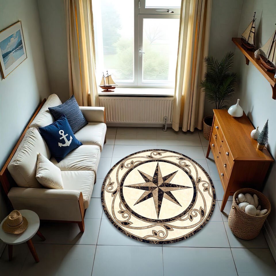 Elegant Compass Rose Round Rug – Marble-Inspired Classic Design