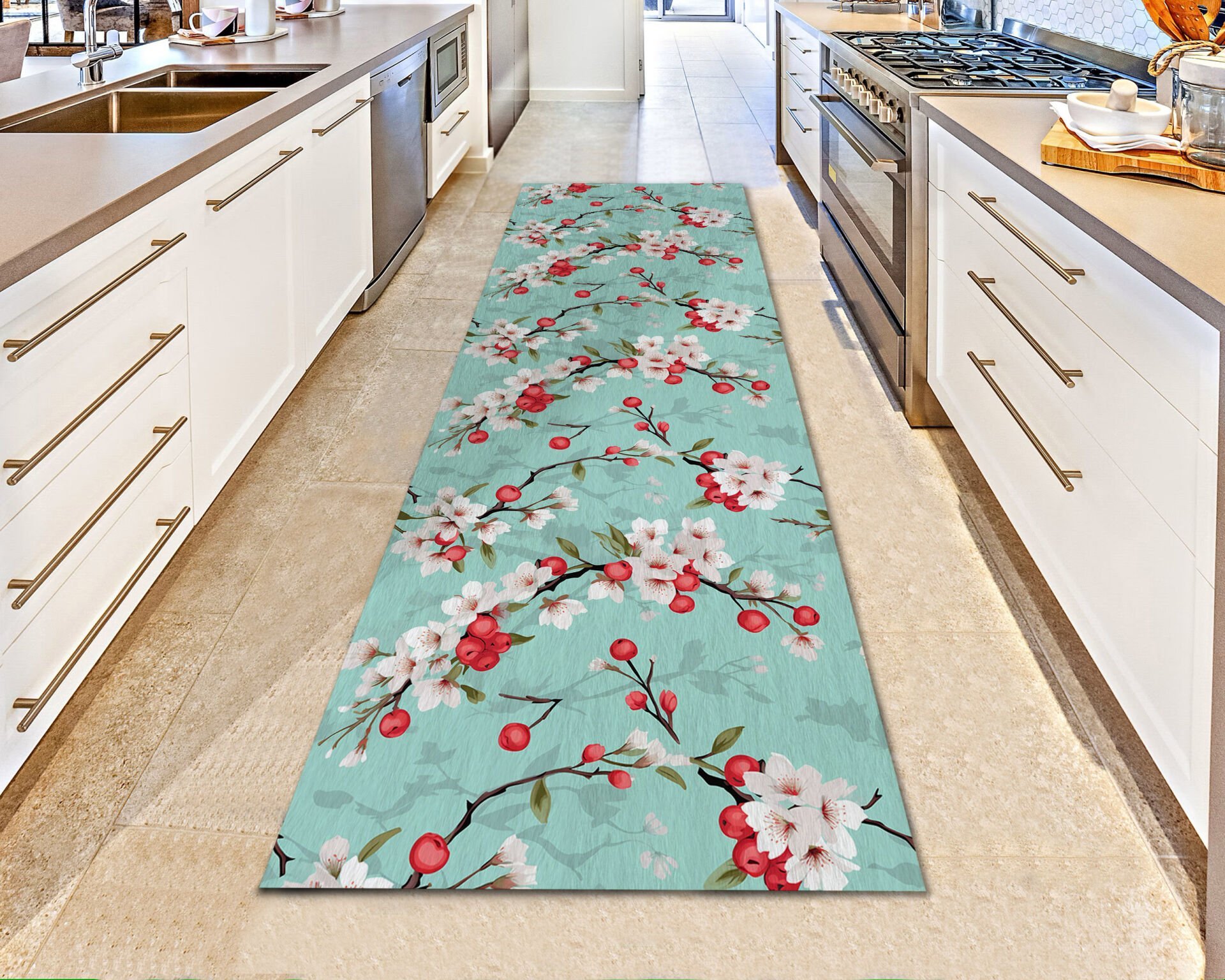 Floral Kitchen Runner Rug – Cherry Blossom Design in Aqua Blue