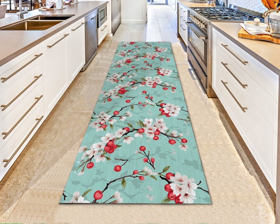 Floral Kitchen Runner Rug – Cherry Blossom Design in Aqua Blue