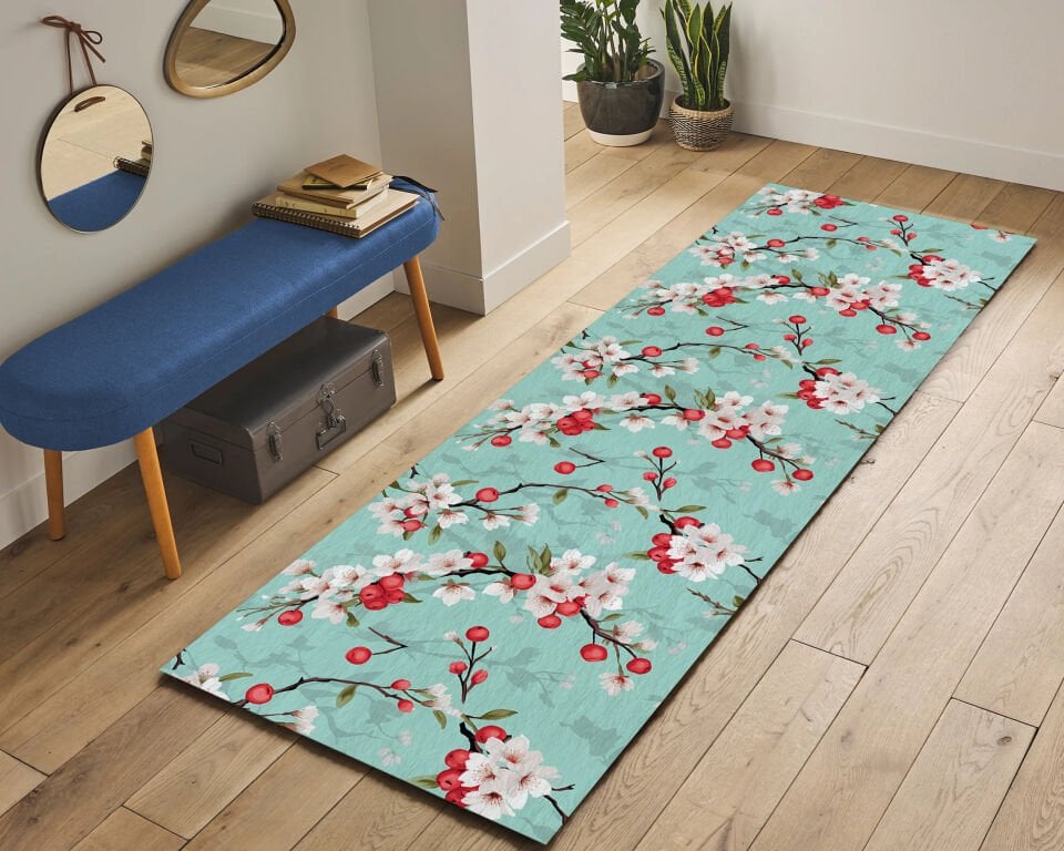 Floral Kitchen Runner Rug – Cherry Blossom Design in Aqua Blue