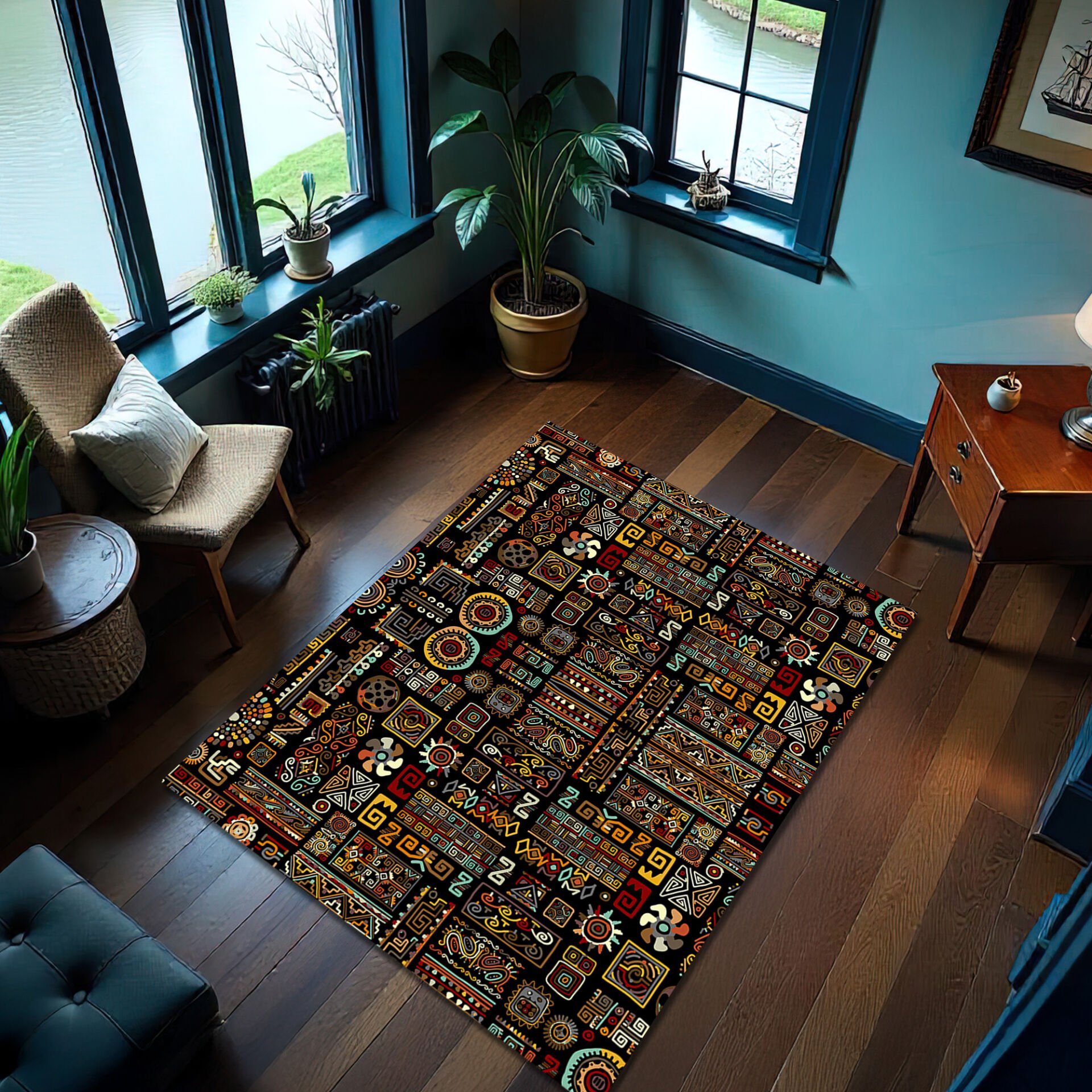 Aztec-Inspired Multicolor Rug – Ethnic Tribal Pattern Area Carpet
