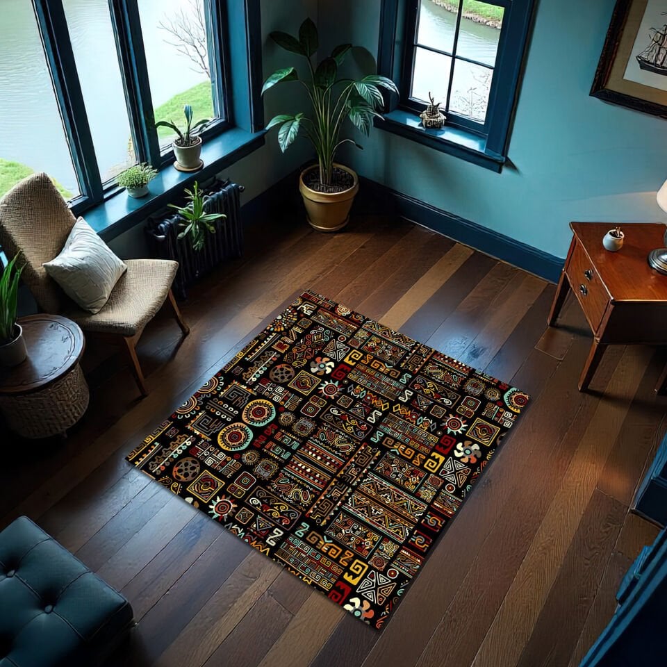 Aztec-Inspired Multicolor Rug – Ethnic Tribal Pattern Area Carpet