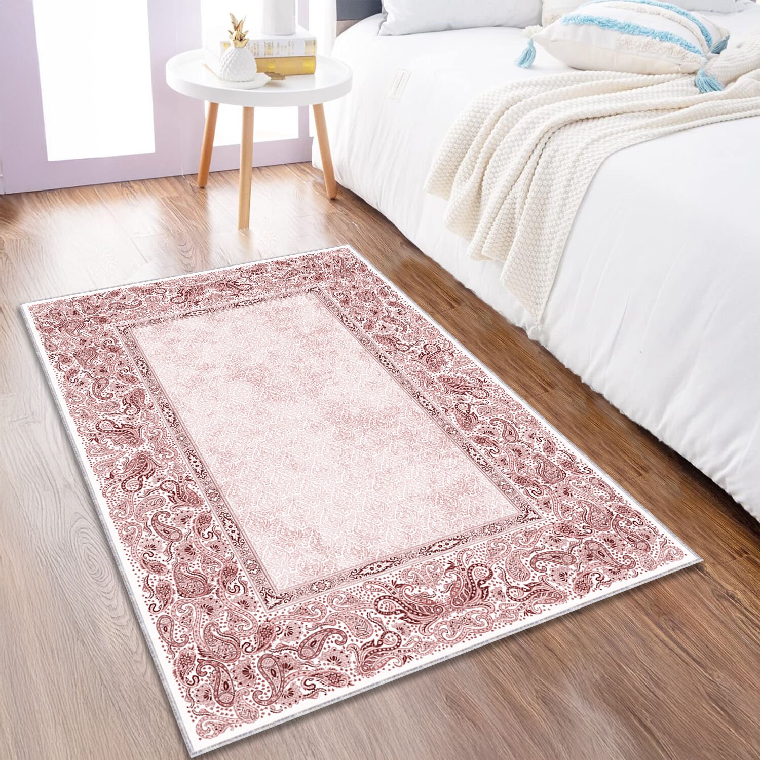 Red Paisley Border Rug – Classic Pattern Carpet for Living Room Bedroom