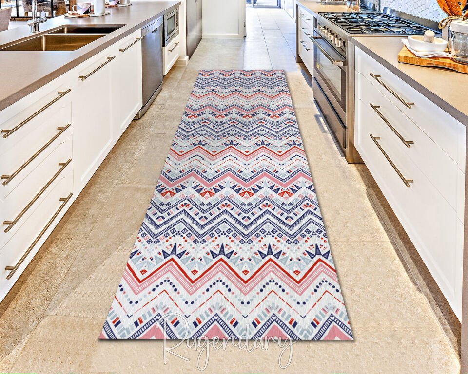 Tribal Geometric Runner Rug – Red & Blue Patterned Long Carpet for Hallway