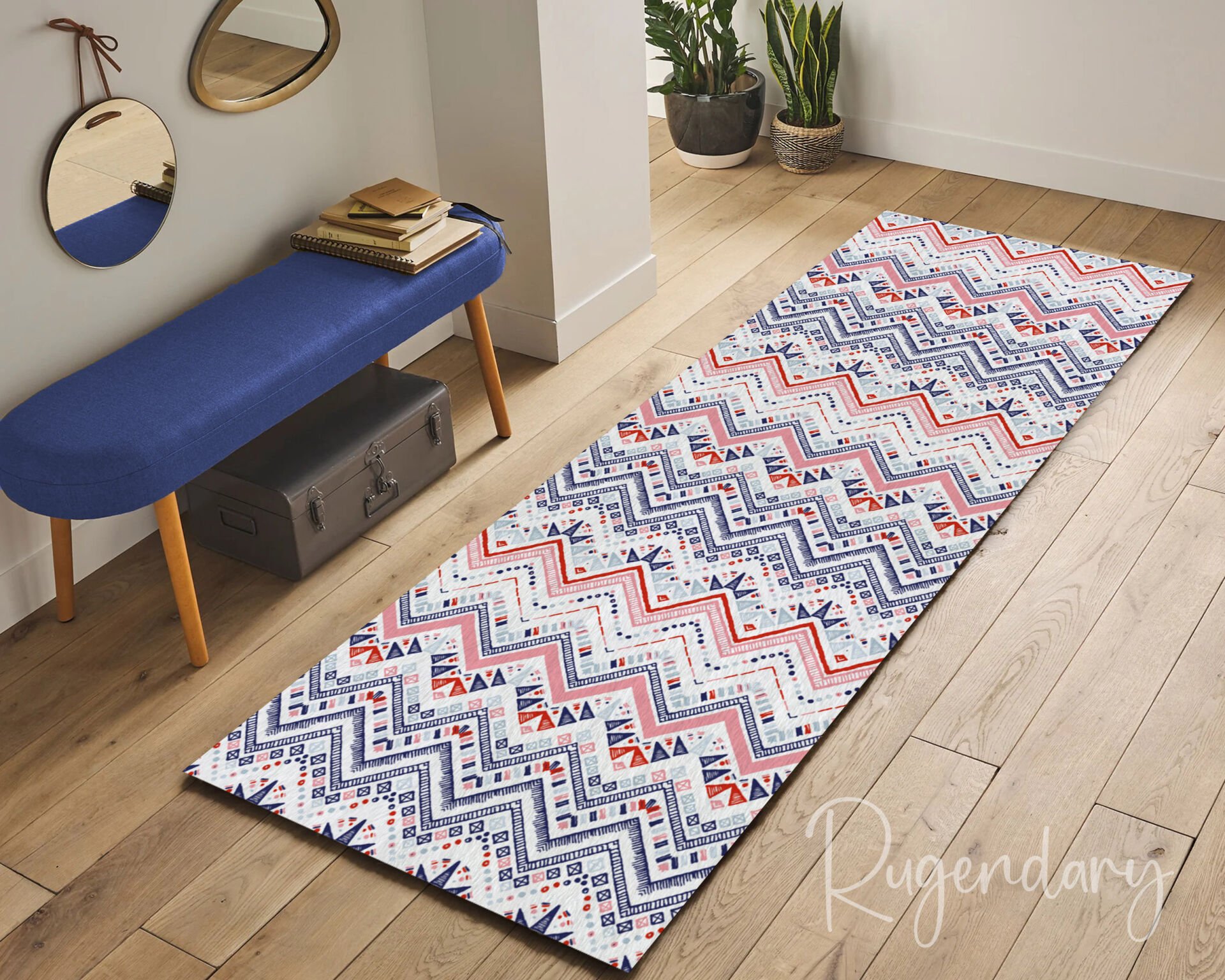Tribal Geometric Runner Rug – Red & Blue Patterned Long Carpet for Hallway
