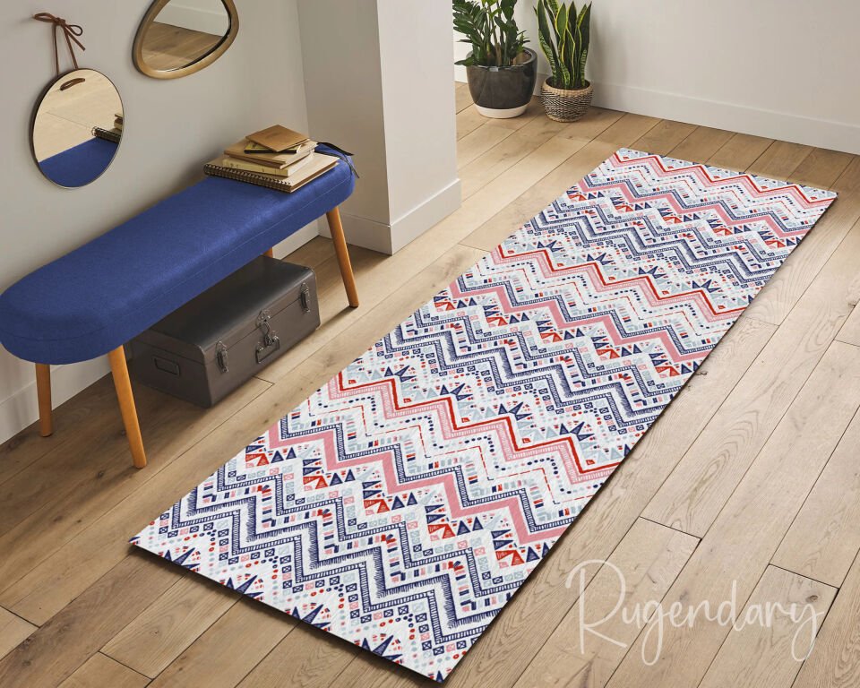 Tribal Geometric Runner Rug – Red & Blue Patterned Long Carpet for Hallway