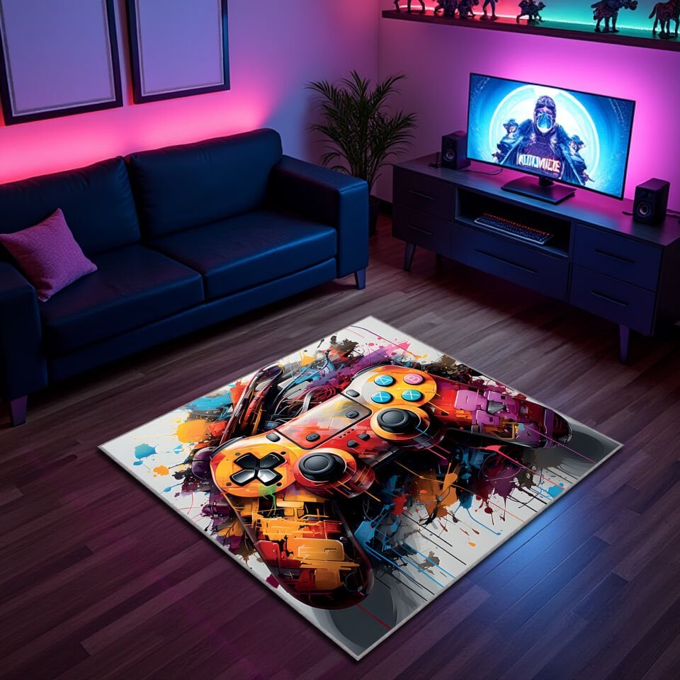 Colorful Game Controller Carpet, Square Gaming Rug, Nonslip Washable Playroom Mat, Cool Gamer Room Decor