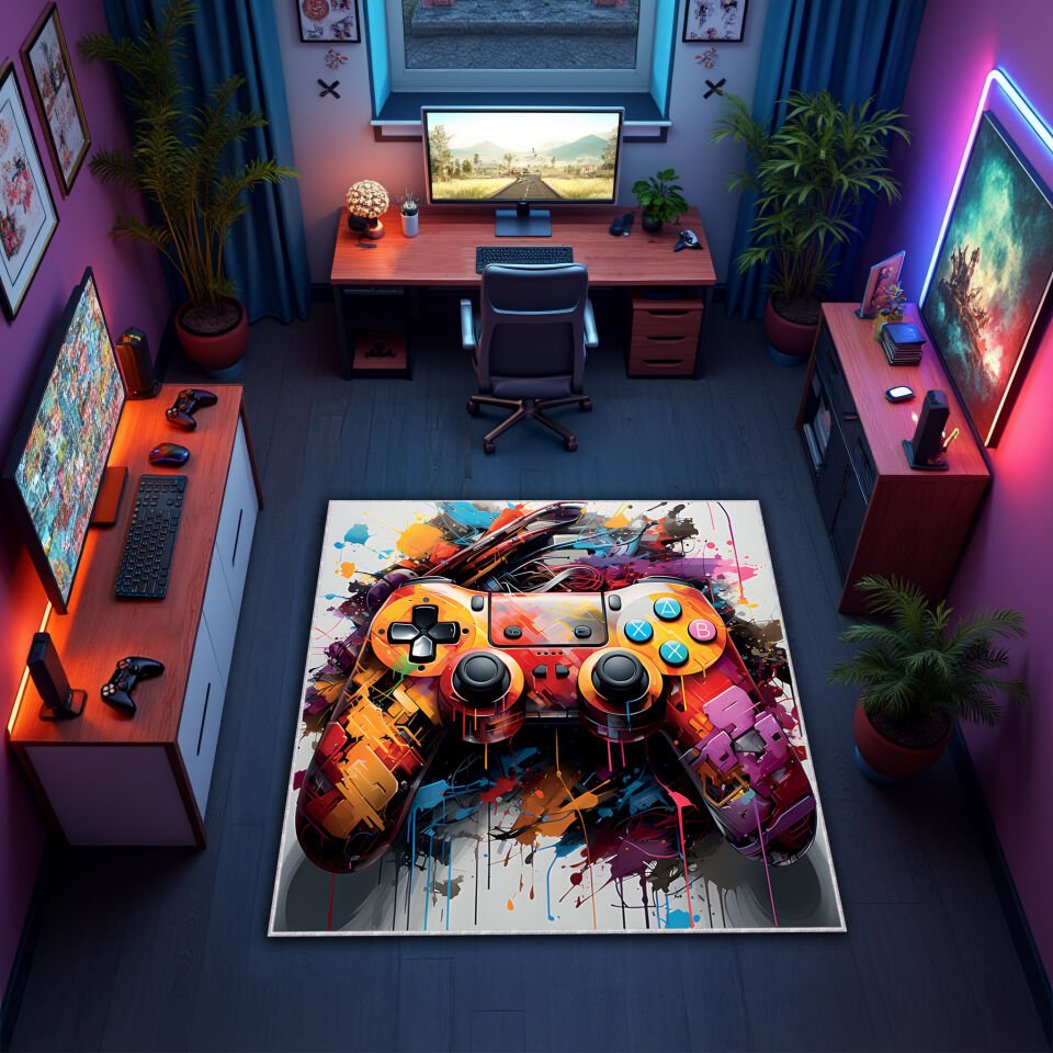 Gamer Controller Rug – Colorful Gamepad Print Carpet for Teens Room, NonSlip & Washable