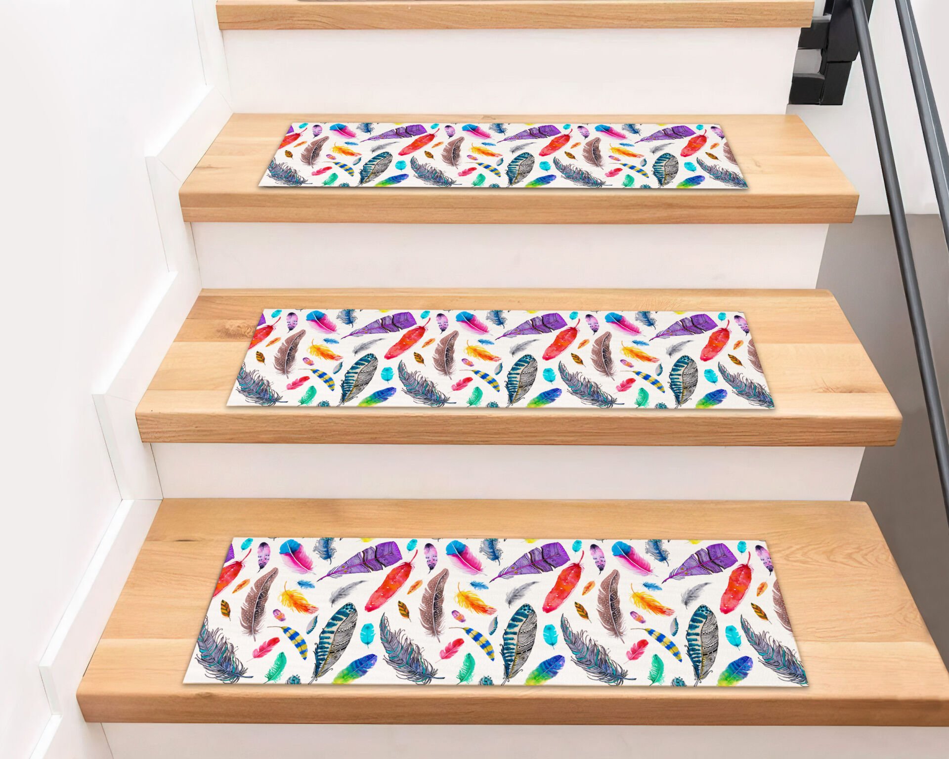 Colorful Feather Pattern Stair Treads – Vibrant Multicolor Feather Design