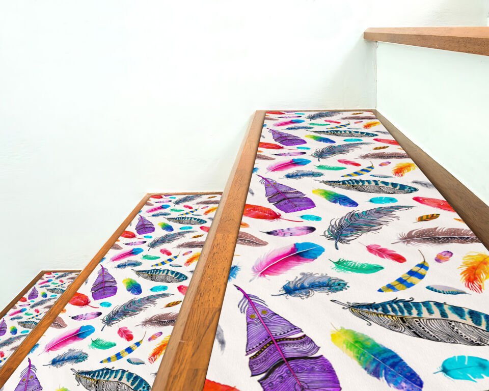 Colorful Feather Pattern Stair Treads – Vibrant Multicolor Feather Design