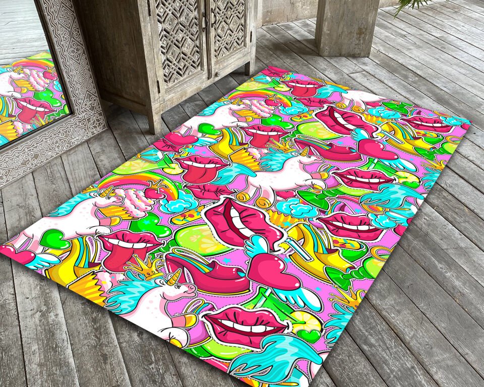 Unicorn Pop Art Rug – Colorful Rainbow Lips Carpet for Funky Retro Room Decor