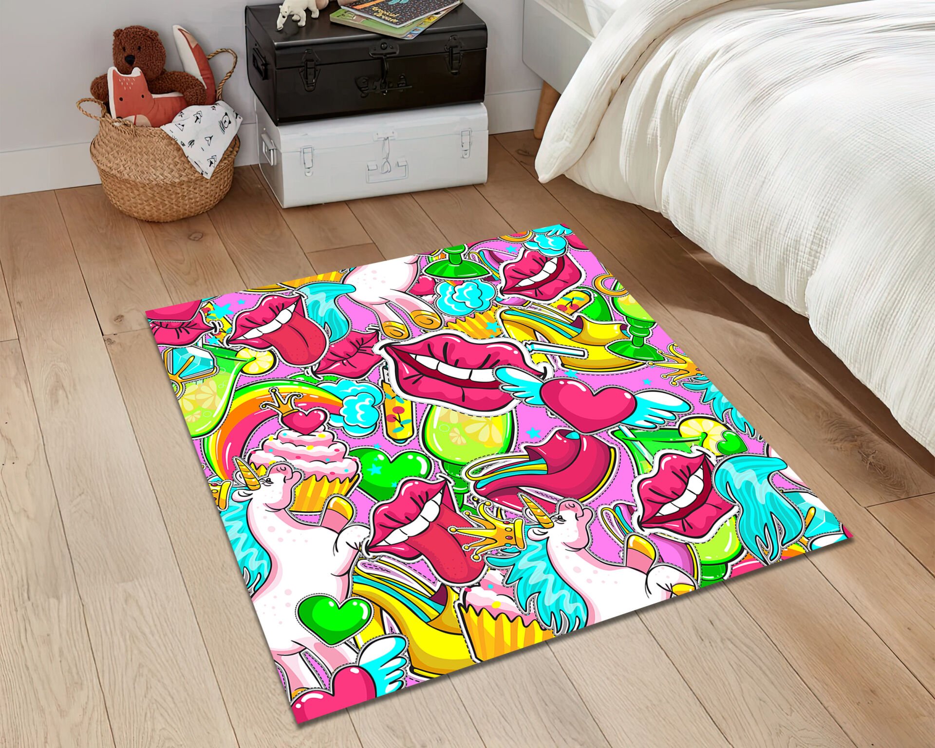 Unicorn Pop Art Rug – Colorful Rainbow Lips Carpet for Funky Retro Room Decor