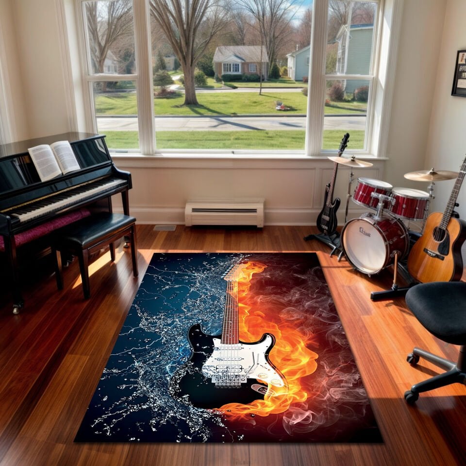 Fire & Water Electric Guitar Rug – Dynamic Living Room Music Carpet