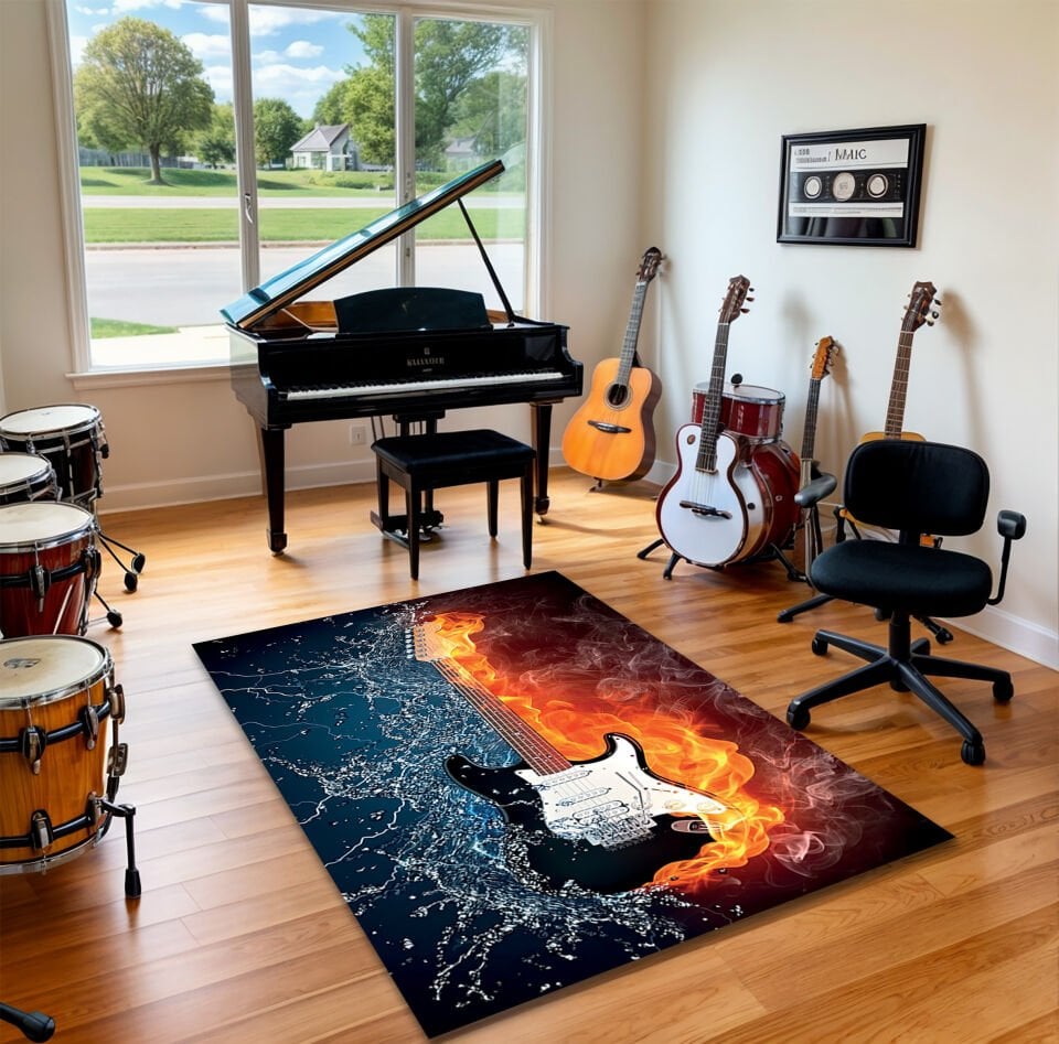 Fire & Water Electric Guitar Rug – Dynamic Living Room Music Carpet