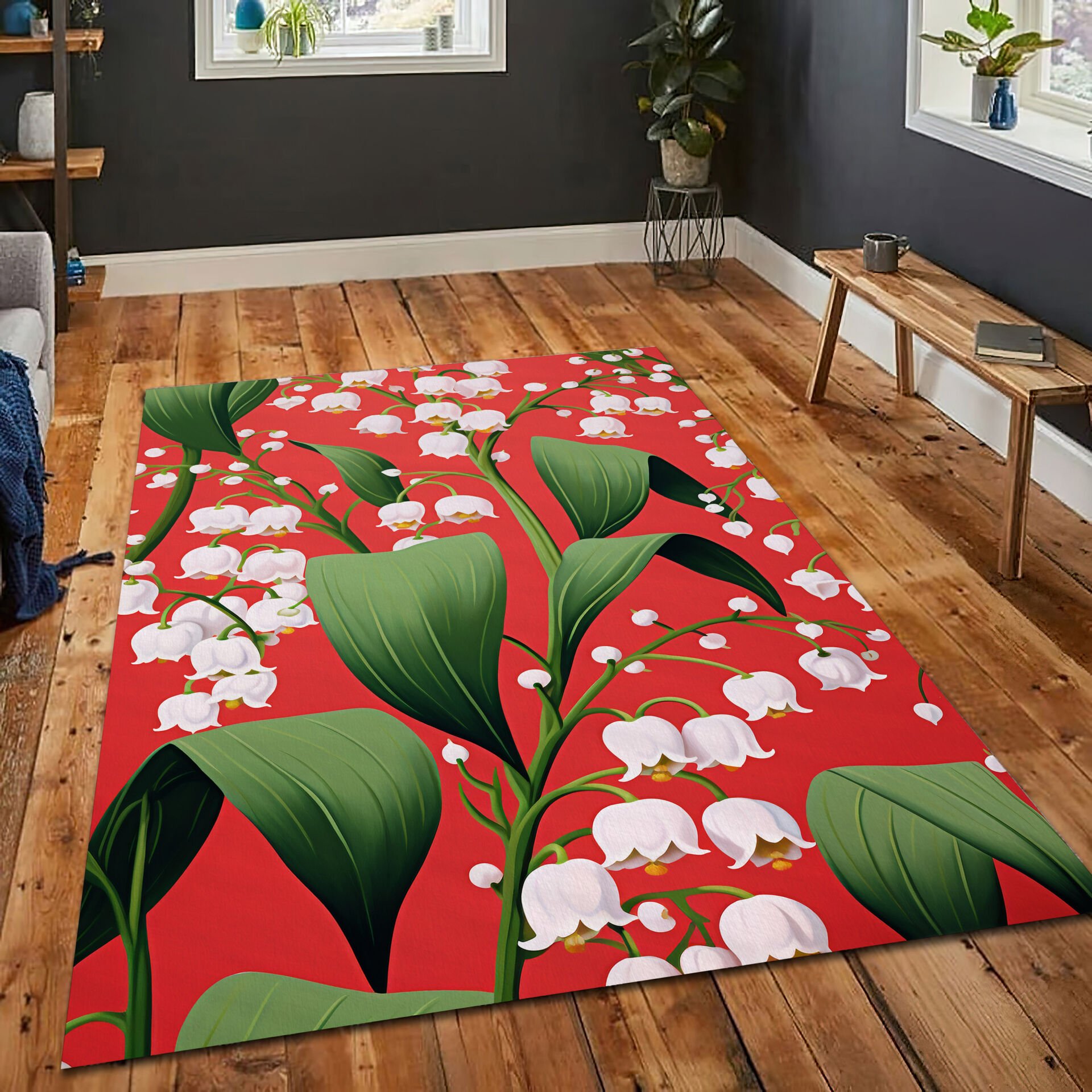 Botanical Lily Floral Rug White Flower Green Leaf Pattern Carpet on Red Background for Home Decor