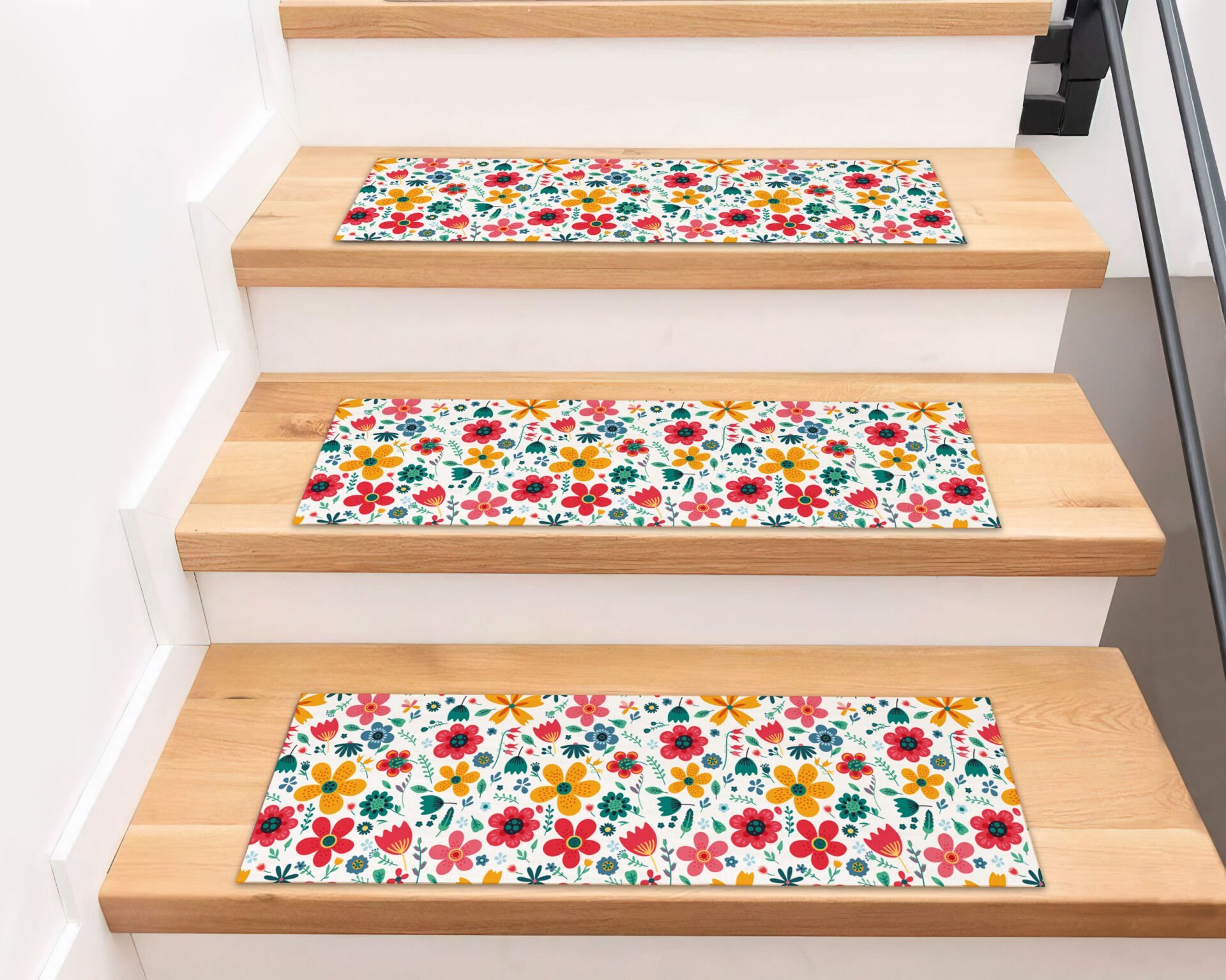 Retro Floral Stair Treads – Colorful Vintage Flower Pattern