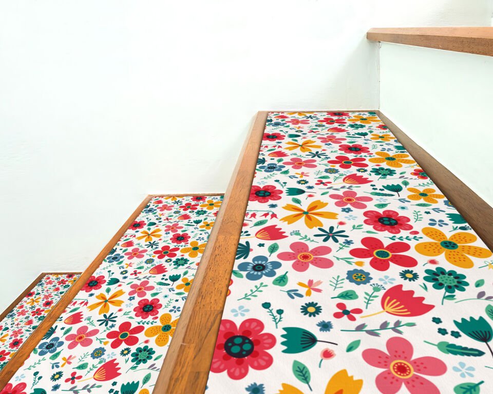 Retro Floral Stair Treads – Colorful Vintage Flower Pattern