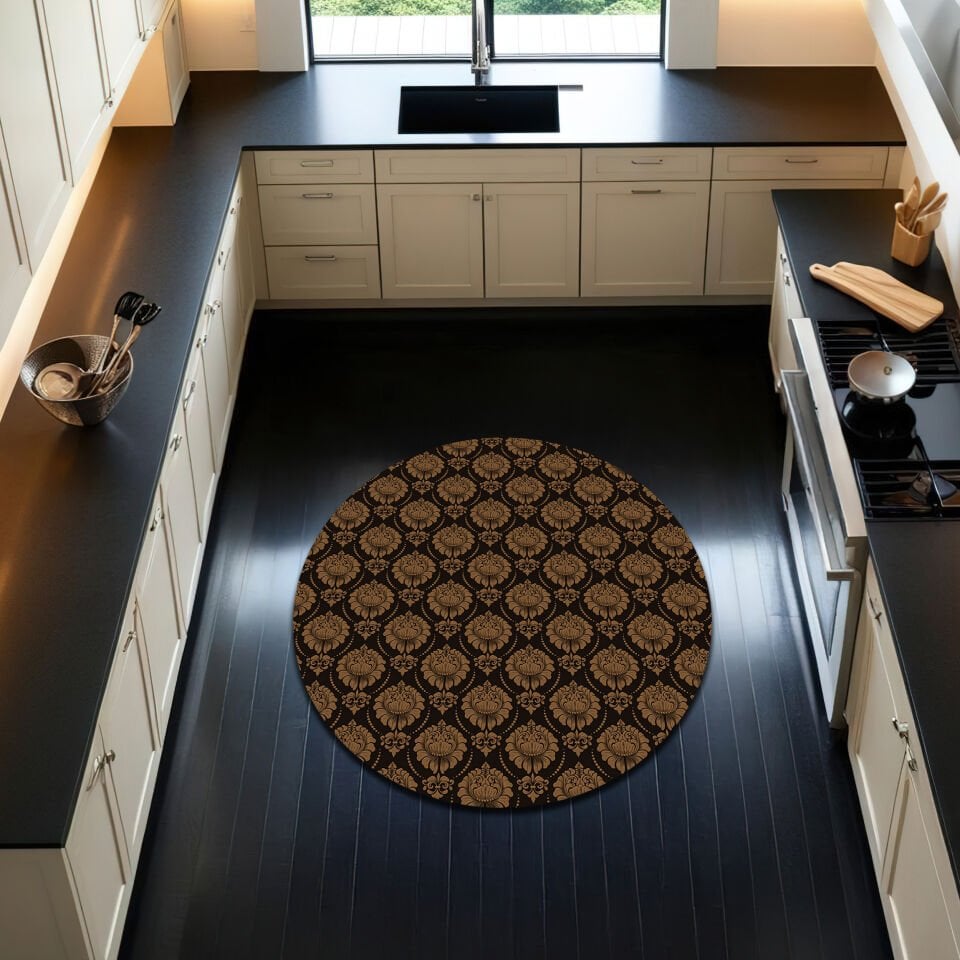 Elegant Damask Pattern Kitchen Rug – Black & Gold Tones