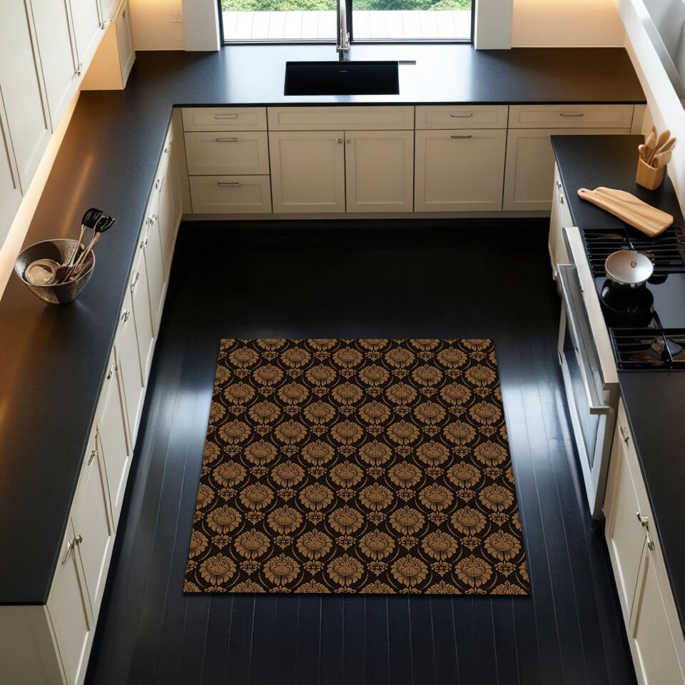 Elegant Damask Pattern Kitchen Rug – Black & Gold Tones