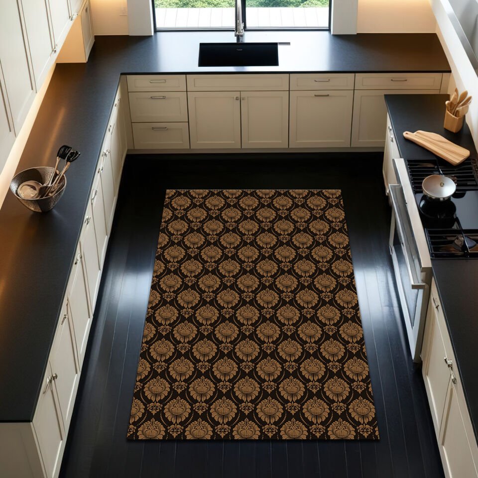 Elegant Damask Pattern Kitchen Rug – Black & Gold Tones
