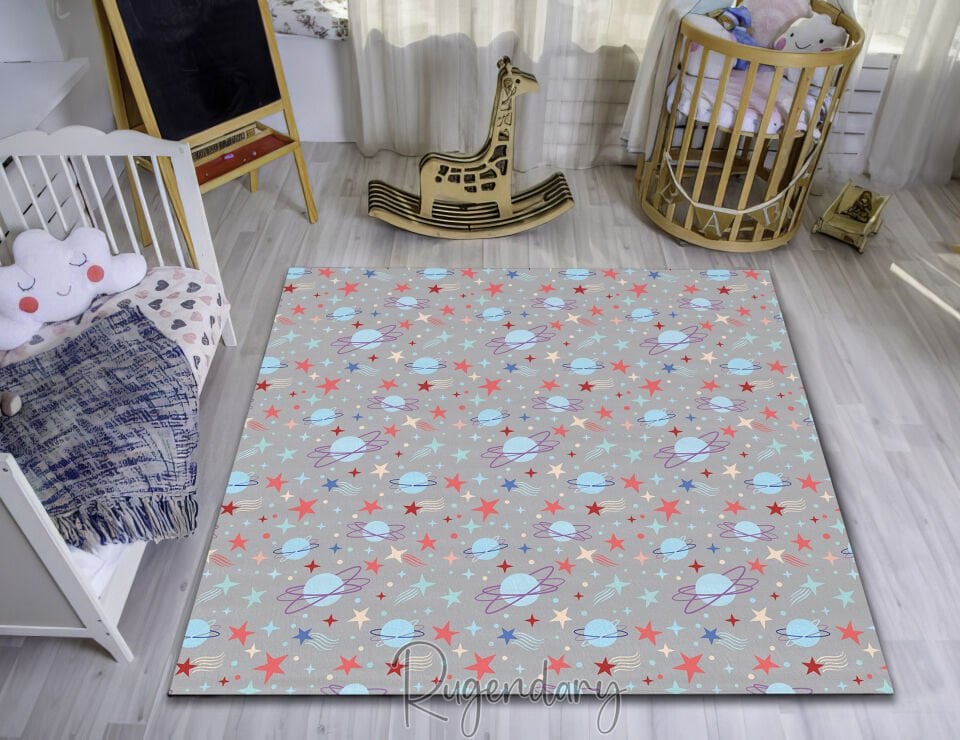 Galaxy Kids Room Rug – Colorful Stars & Planets Themed Play Mat