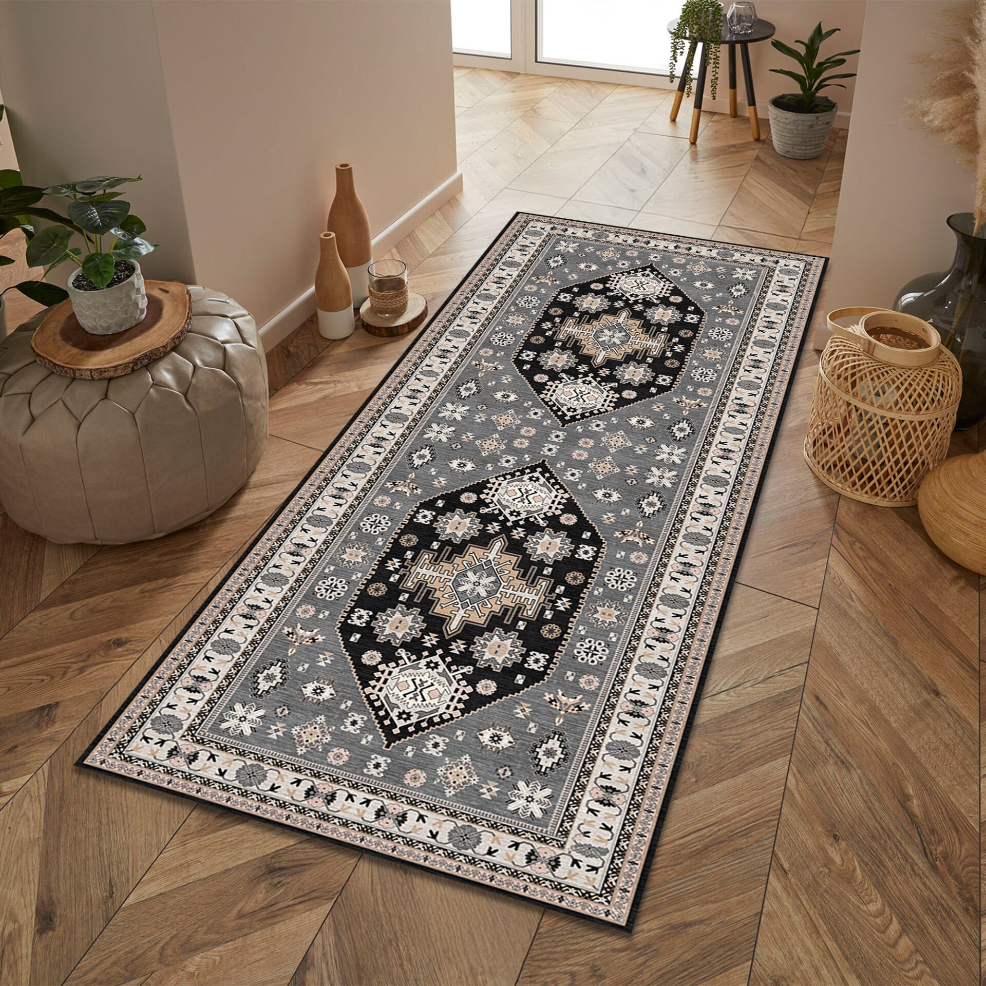 Ethnic Patterned Boho Style Runner Rug in Gray and Black Tones
