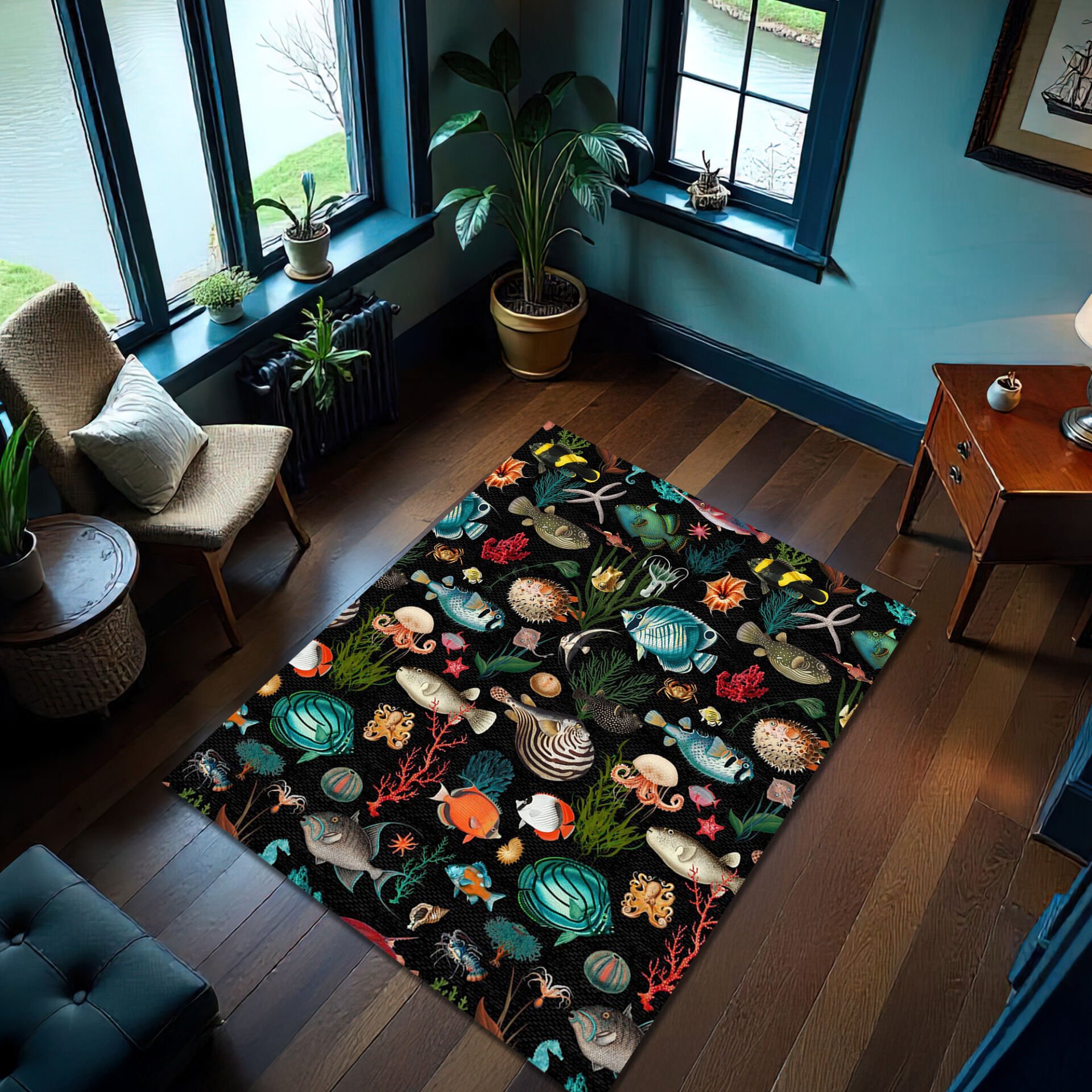 Vibrant Underwater Life Rug – Colorful Ocean Fish & Coral Pattern Carpet