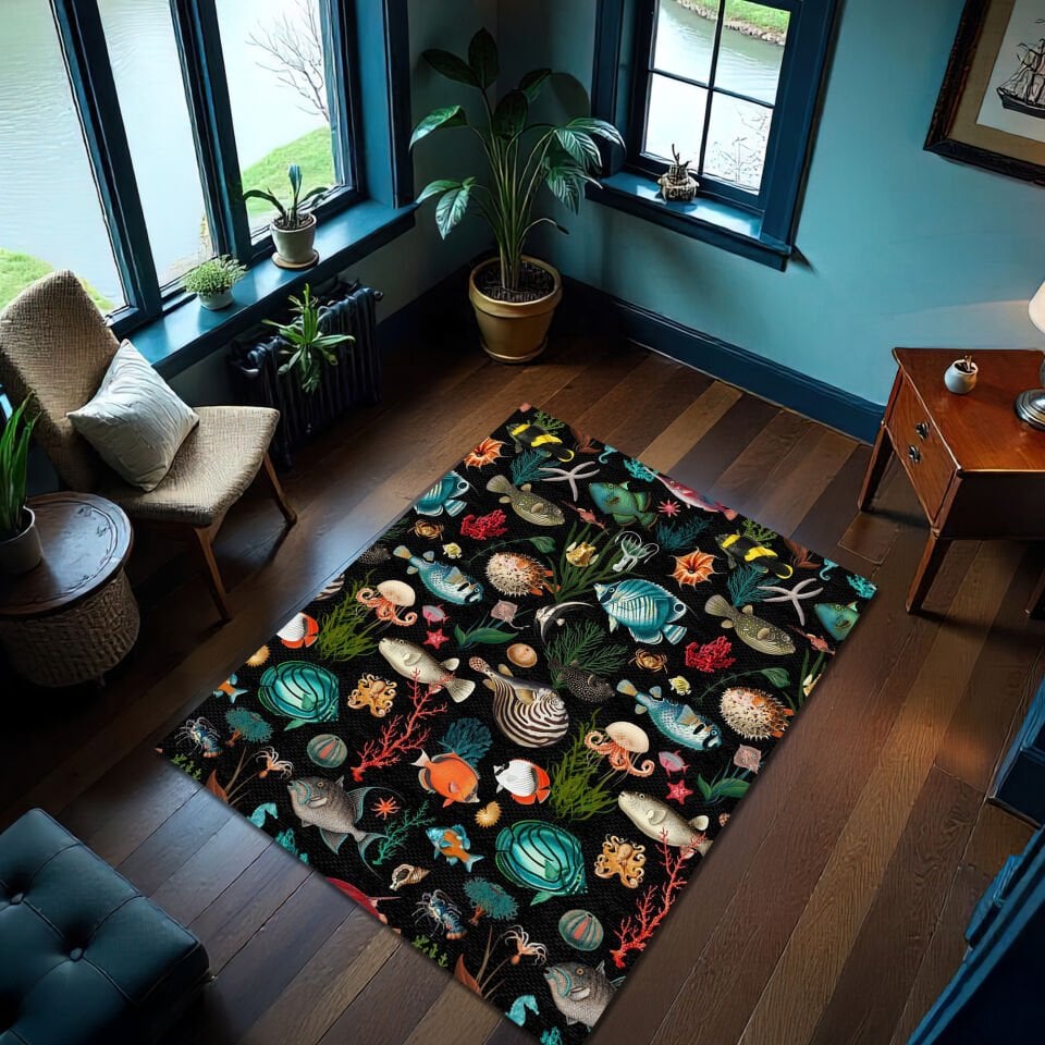 Vibrant Underwater Life Rug – Colorful Ocean Fish & Coral Pattern Carpet