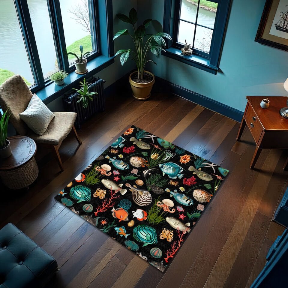 Vibrant Underwater Life Rug – Colorful Ocean Fish & Coral Pattern Carpet