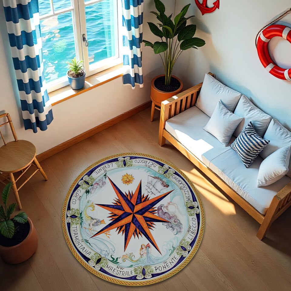 Italian Vintage Compass Rose Round Rug – Nautical Wind Rose Design