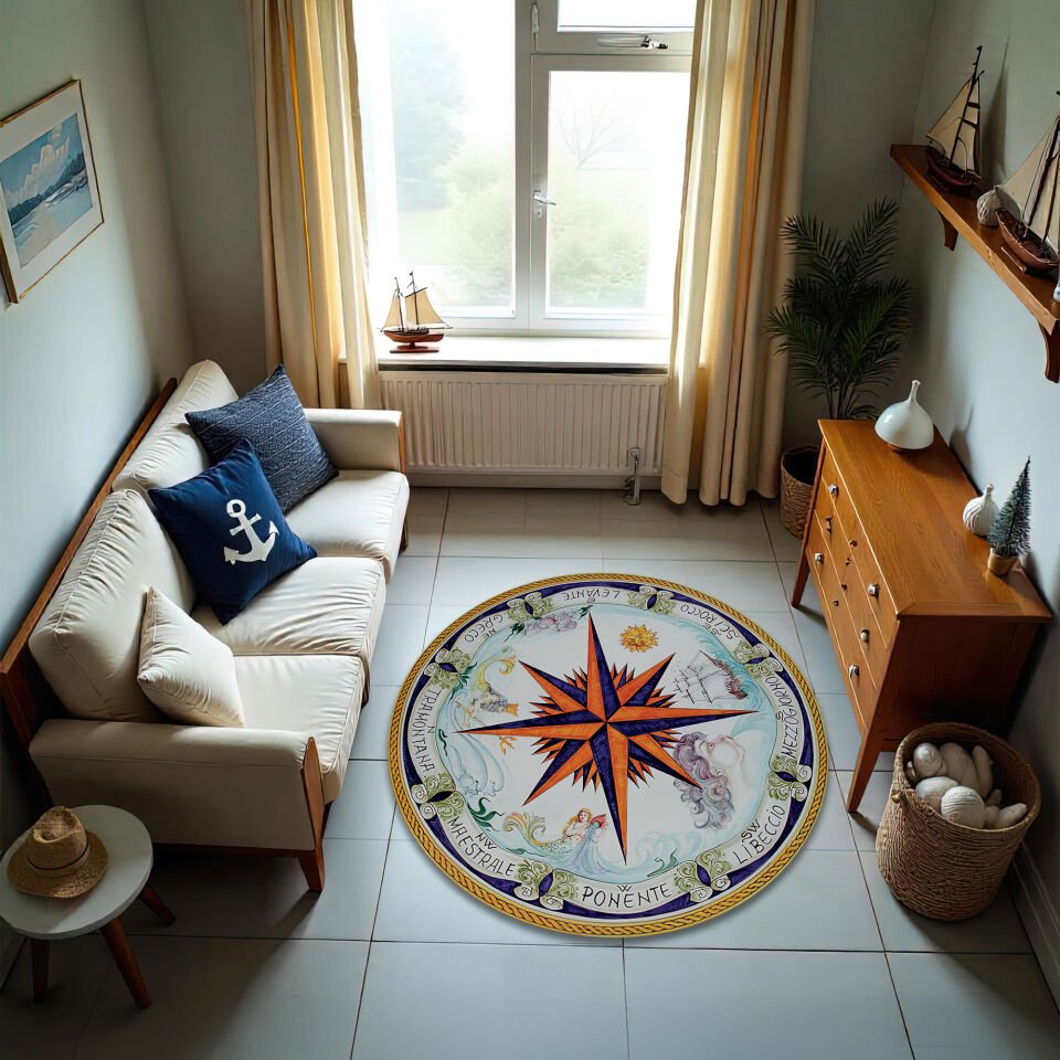 Italian Vintage Compass Rose Round Rug – Nautical Wind Rose Design