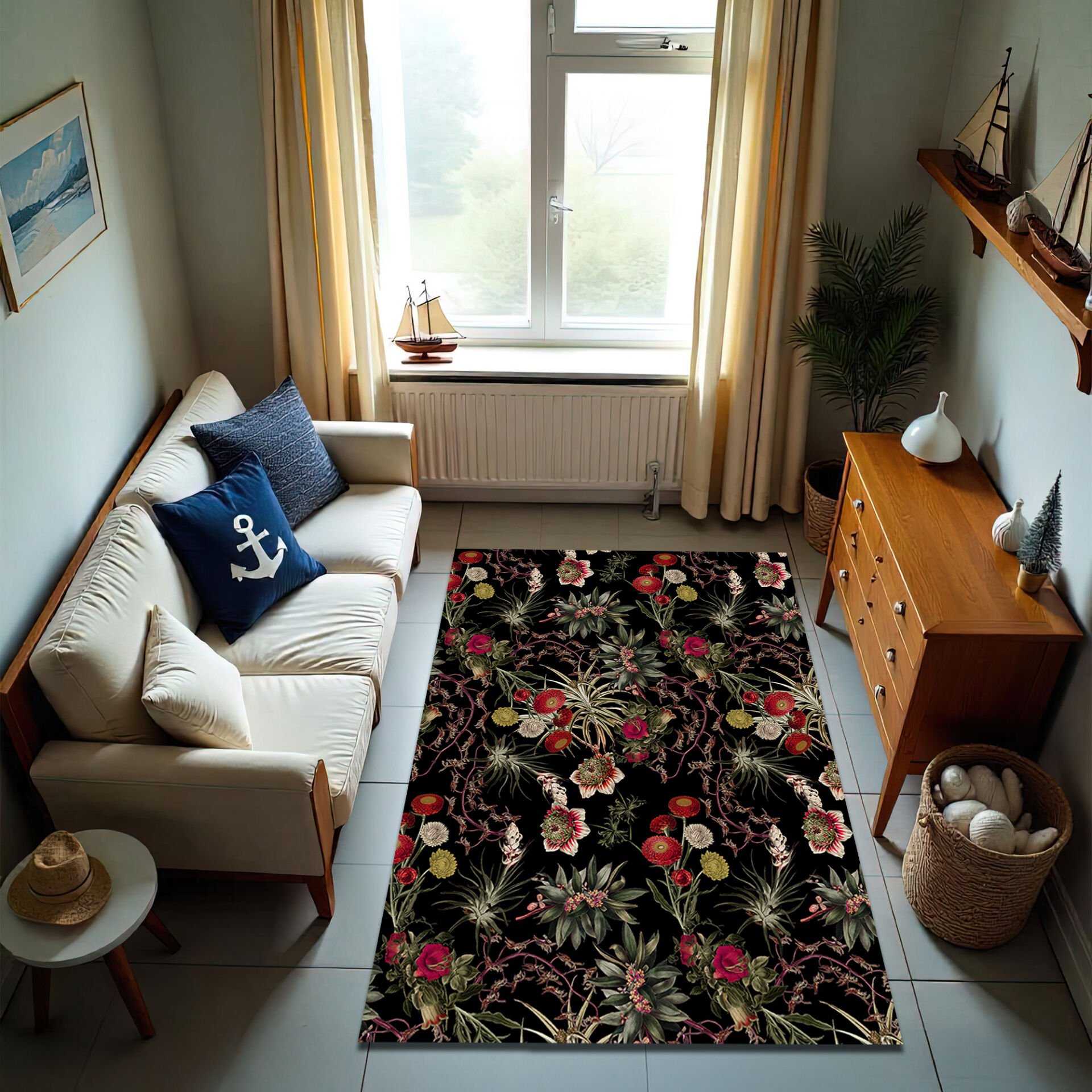 Vintage Botanical Dark Floral Living Room Rug – Elegant Nature-Inspired Carpet