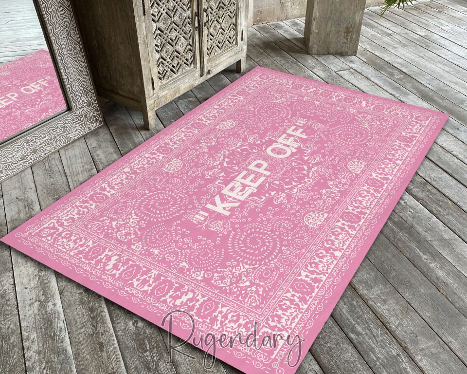 Pink & White ''KEEP OFF'' Area Rug – Modern Statement Living Room Carpet