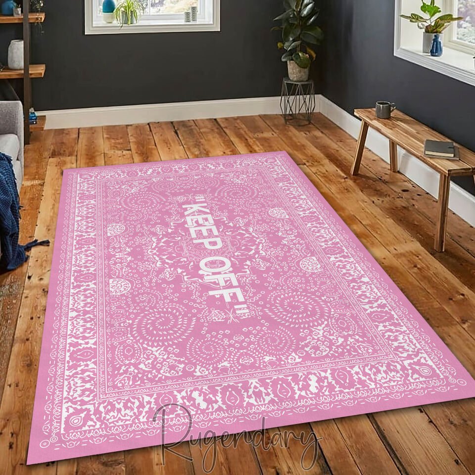 Pink & White ''KEEP OFF'' Area Rug – Modern Statement Living Room Carpet