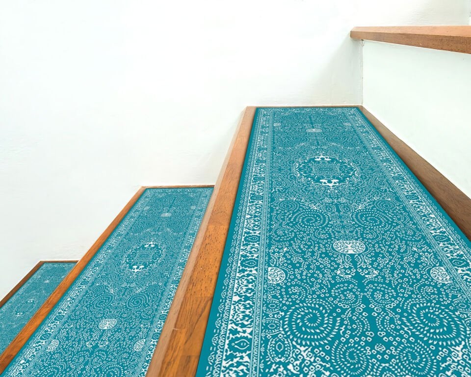 Elegant Turquoise Persian-Style Stair Treads – Decorative Non-Slip Step Mats for Home