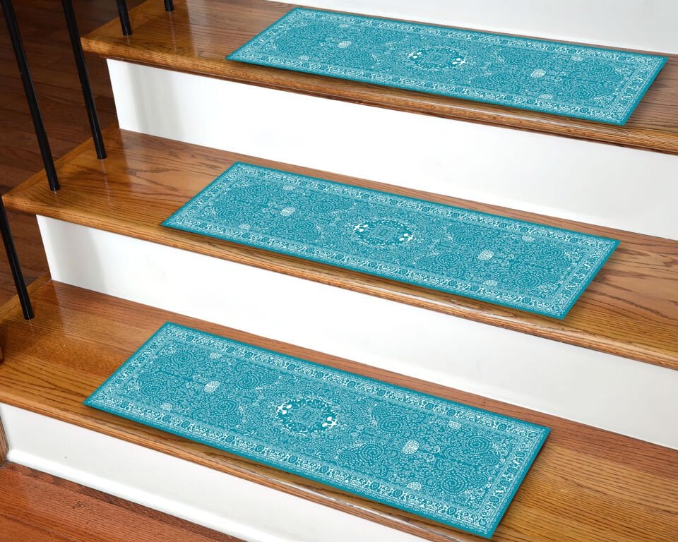 Elegant Turquoise Persian-Style Stair Treads – Decorative Non-Slip Step Mats for Home