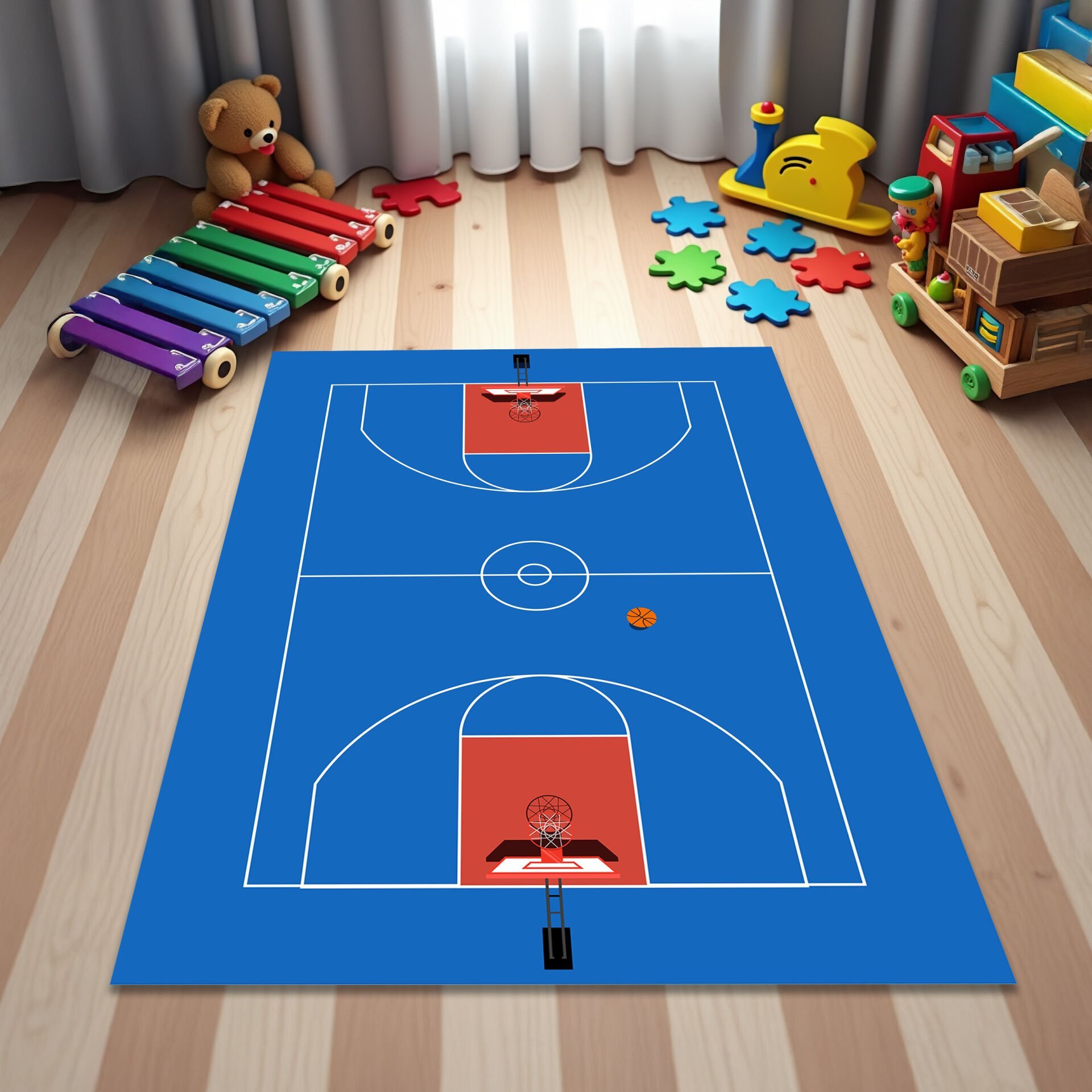 Kids Basketball Court Rug – Blue Playroom Floor Mat with Hoop Design