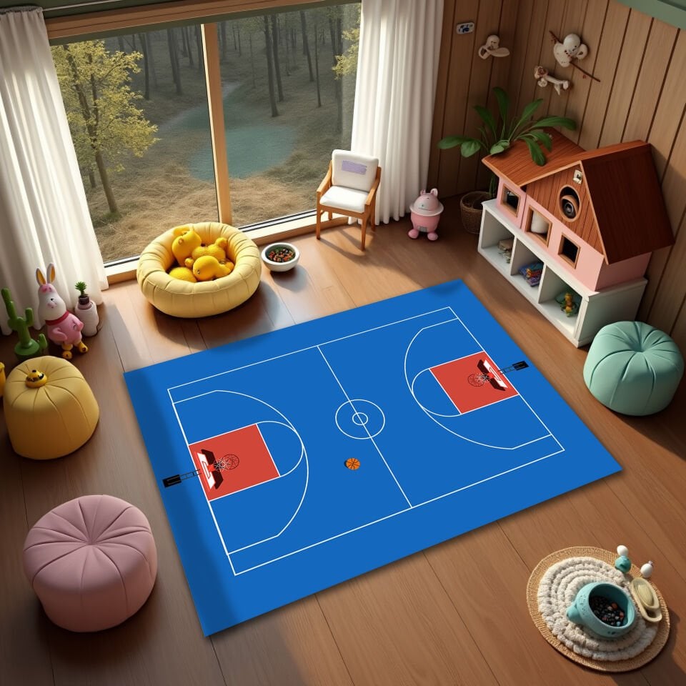 Kids Basketball Court Rug – Blue Playroom Floor Mat with Hoop Design