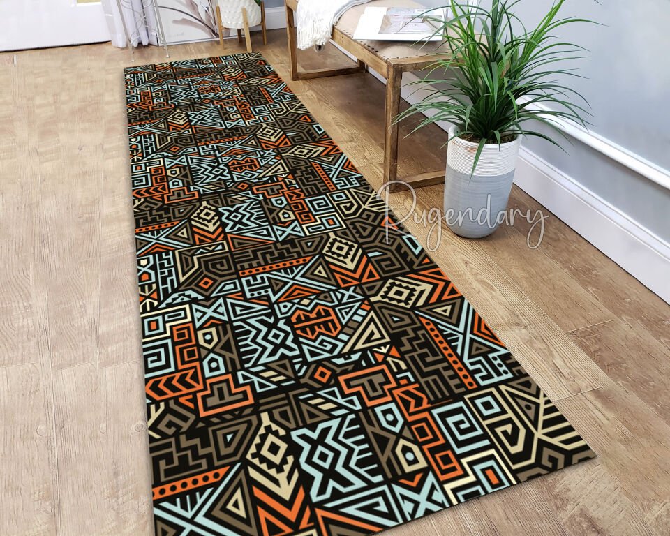 Tribal Geometric Runner Rug – Bold African-Inspired Pattern in Orange, Blue & Beige