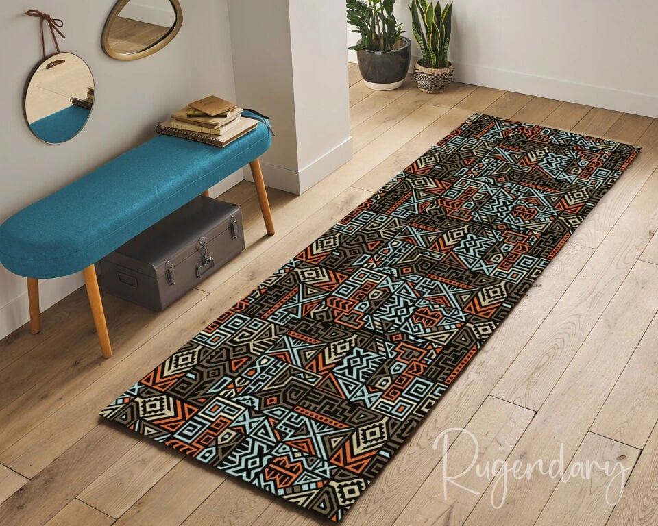 Tribal Geometric Runner Rug – Bold African-Inspired Pattern in Orange, Blue & Beige