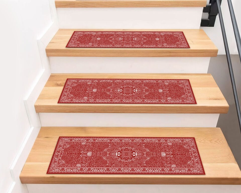 Classic Red Pattern Stair Treads – Non-Slip Carpet Mats