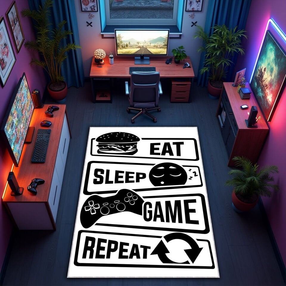 Eat Sleep Game Repeat Gaming Rug – Modern White Gamer Carpet for Game Rooms